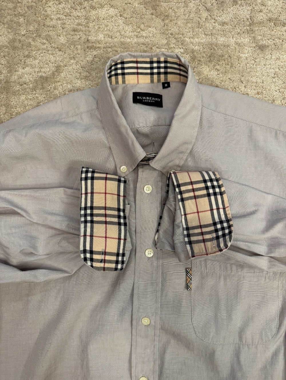 Burberry London Nova Check Trim Button Down Shirt Mens M Gray Long Sleeve